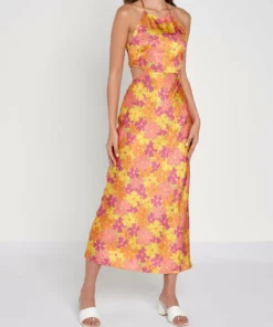 Another Girl Recycled Satin Cutout Maxi Dress in Multi Print - women