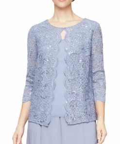 Alex Evenings Womens Scalloped Sequined Blouse