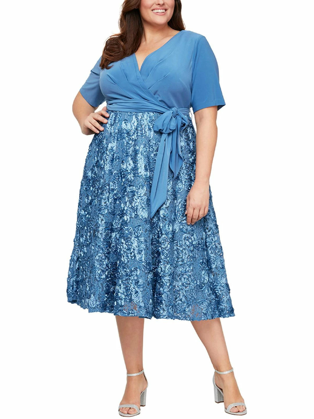 Alex Evenings Womens Sequined Rosette Cocktail Dress