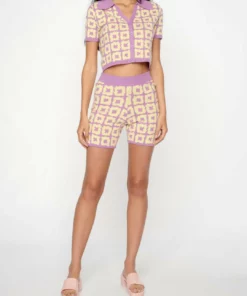 Another Girl Organic Cotton Check Knit Cardigan in Lemon/Lilac - women