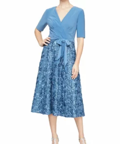 Alex Evenings Womens Sequined Rosette Cocktail Dress