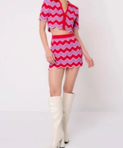 Another Girl Wavy Contrast Pointelle Crop Cardigan in Red/Lilac - women