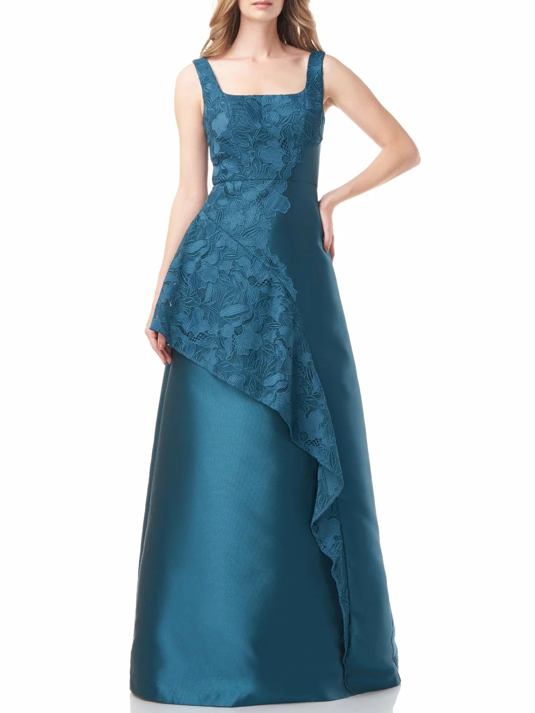 Kay Unger New York Paloma Womens Lace Inset Ruffle Evening Dress