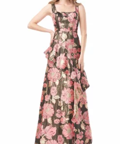 Kay Unger New York Belle Womens Metallic Floral Evening Dress