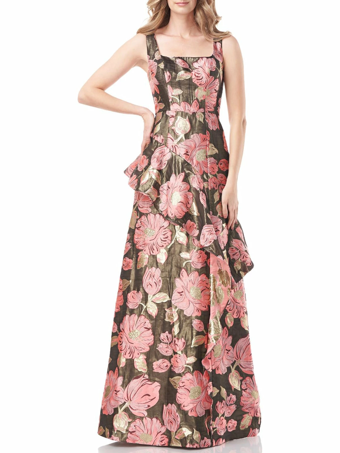 Kay Unger New York Belle Womens Metallic Floral Evening Dress