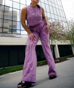 Another Girl Lurex Swirl Flare Pants in Lilac - women