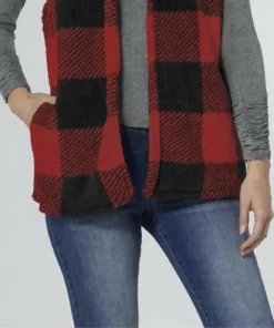 Coco + Carmen Nancy Plaid Hooded Vest in Red / Black - women