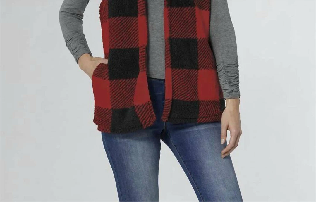 Coco + Carmen Nancy Plaid Hooded Vest in Red / Black - women