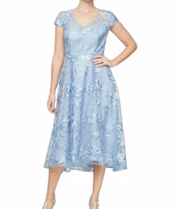 Alex Evenings Womens Lace Overlay Mid Calf Evening Dress