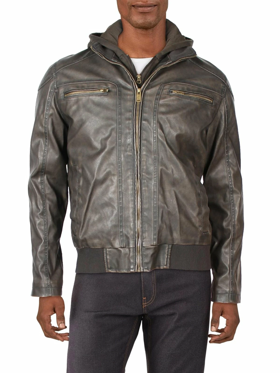 Sean John Mens Faux Leather Cold Weather Bomber Jacket