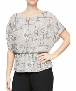 Alex Evenings Womens Sequined Gathered Blouse