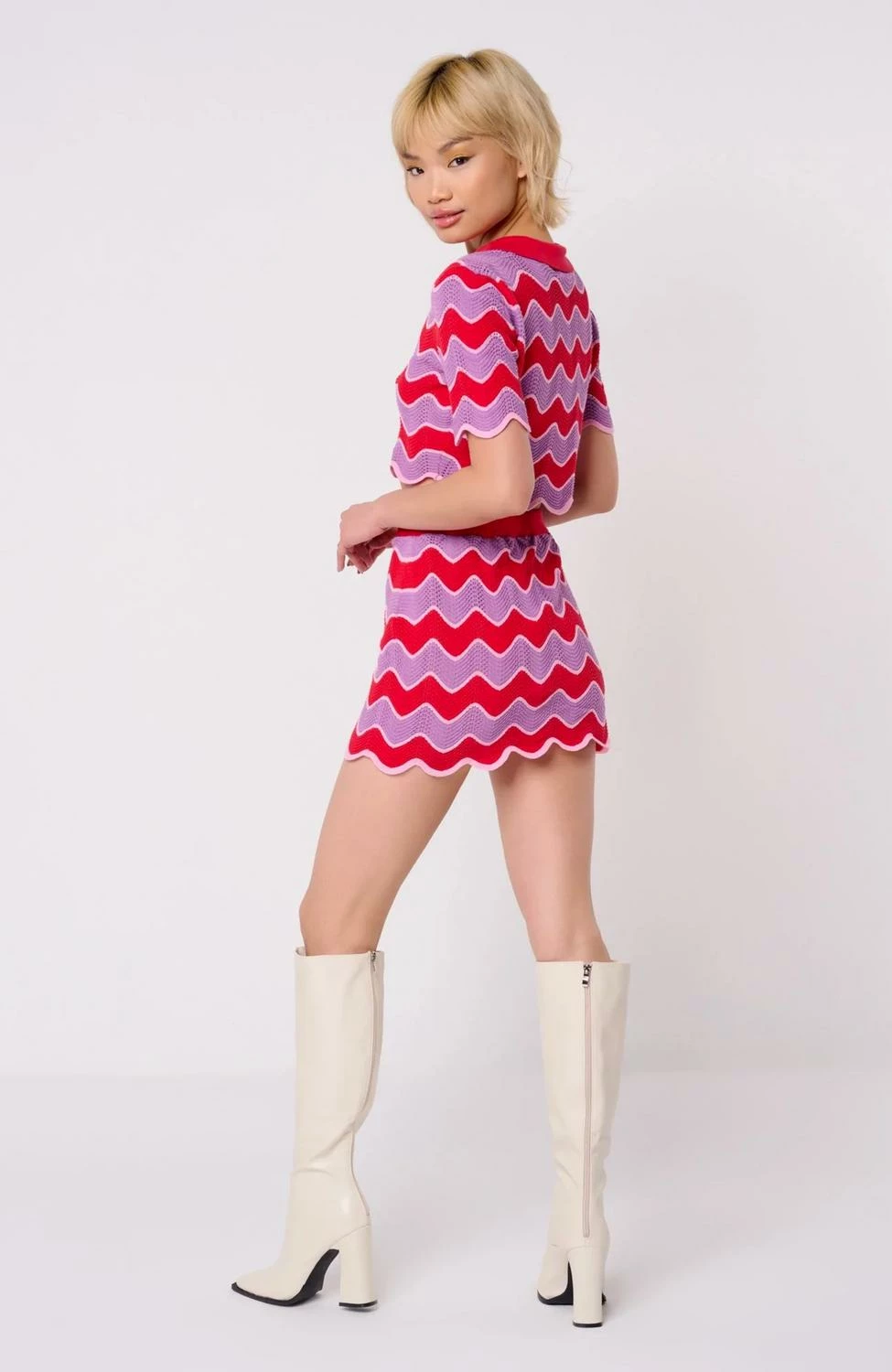 Another Girl Wavy Contrast Pointelle Mini Skirt in Red/Lilac - women - Image 3